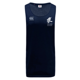 The Falcon Youth Rugby Tempo Vapodri Singlet by EMB Canterbury is a navy blue sleeveless jersey made of recycled polyester. It has moisture-wicking features, a logo on the left chest, and "FALCON YOUTH RUGBY" text to keep athletes cool and comfortable.