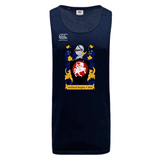 Introducing the CenCal Youth Bullard Tempo Vapodri Singlet by WRS Canterbury: a dark blue rugby tank top made from recycled polyester, showcasing a crest design with a helmet, horse, and yellow scrolls labeled "Bullard Rugby Club." Experience superior performance with integrated VapoDri technology.