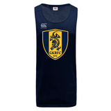 The Gotham Knights Tempo Vapodri Singlet by WRS Canterbury in navy blue displays a yellow and blue shield with a dragon and the "GKRFC NYC" text. Made from recycled polyester, it includes the Canterbury logo on the left shoulder and is designed with VapoDri technology to ensure optimal comfort.