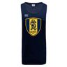 The Gotham Knights Tempo Vapodri Singlet by WRS Canterbury in navy blue displays a yellow and blue shield with a dragon and the "GKRFC NYC" text. Made from recycled polyester, it includes the Canterbury logo on the left shoulder and is designed with VapoDri technology to ensure optimal comfort.