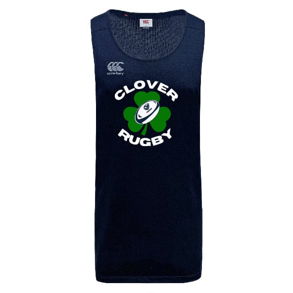 The Clover Blue Eagles Rugby Tempo Vapodri Singlet by Canterbury, from WRS Canterbury, is a navy blue rugby tank top showcasing the "Clover Rugby" logo adorned with a shamrock and rugby ball design, made from recycled polyester for enhanced durability.
