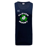 The Clover Blue Eagles Rugby Tempo Vapodri Singlet by Canterbury, from WRS Canterbury, is a navy blue rugby tank top showcasing the "Clover Rugby" logo adorned with a shamrock and rugby ball design, made from recycled polyester for enhanced durability.