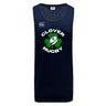 The Clover Blue Eagles Rugby Tempo Vapodri Singlet by Canterbury, from WRS Canterbury, is a navy blue rugby tank top showcasing the "Clover Rugby" logo adorned with a shamrock and rugby ball design, made from recycled polyester for enhanced durability.
