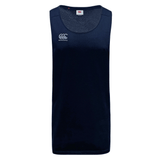 A navy blue sleeveless **Canterbury Tempo Vapodri Singlet** made from recycled polyester with a rounded neckline and **Canterbury** logo on the front, featuring VapoDri technology for ultimate moisture-wicking performance.