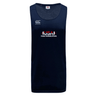 The USA Para Powerlifting Tempo Vapodri Singlet by WRS Canterbury is a navy blue sleeveless athletic tank top made from recycled polyester, featuring the Canterbury logo, "USA Para Powerlifting" text, and a red barbell graphic on the front.