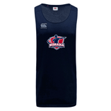 The Nebraska Rugby Referee Society Tempo Vapodri Singlet by WRS Canterbury is a navy blue, moisture-wicking athletic tank top featuring the Nebraska Cricket logo on the chest and a small Canterbury logo on the right shoulder.