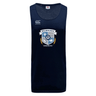 The Milwaukee Barbarians Rugby Tempo Vapodri Singlet by WRS Canterbury is a navy blue recycled polyester sleeveless jersey with the club crest and a white Canterbury logo on the chest.