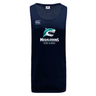The NC Rugby Academy - Megalodons Tempo Vapodri Singlet by WRS Canterbury is a navy blue, moisture-wicking rugby jersey with a shark logo and "Megalodons NC Rugby Academy" on the front, crafted from recycled polyester.