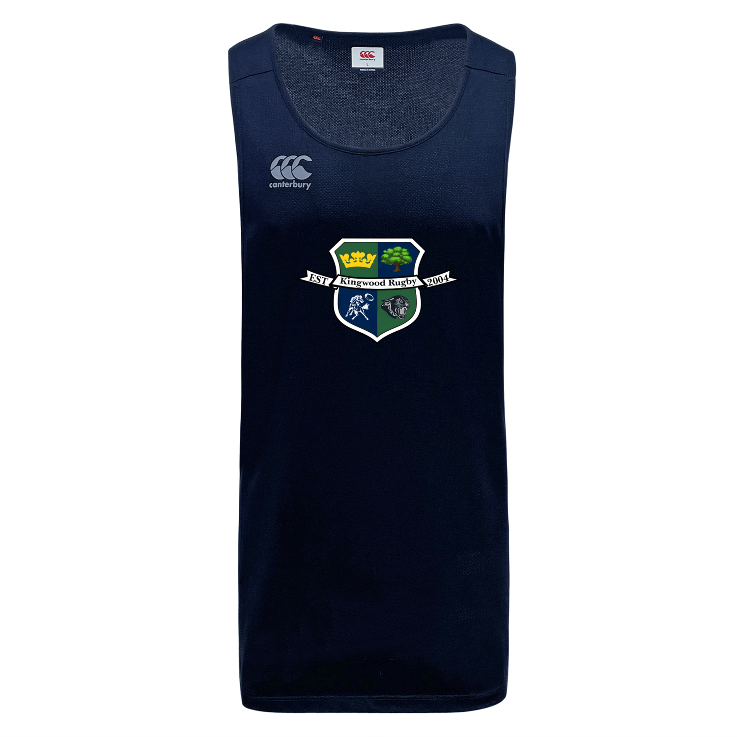 The Kingwood Rugby Tempo Vapodri Singlet by WRS Canterbury is a navy blue tank top with a school crest and white Canterbury logo, made from moisture-wicking recycled polyester for cool, comfortable performance.