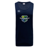 The Kingwood Rugby Tempo Vapodri Singlet by WRS Canterbury is a navy blue tank top with a school crest and white Canterbury logo, made from moisture-wicking recycled polyester for cool, comfortable performance.