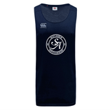 The Saint Anselm College Club Rugby Tempo Vapodri Singlet by WRS Canterbury is a navy blue athletic tank top made from recycled polyester, featuring "Saint Anselm Men's Club Rugby," the "SA" logo, and a Canterbury logo on the right shoulder.