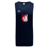 The Montgomery Bucks Griffins Tempo Vapodri Singlet by WRS Canterbury is a navy athletic tank top with a white Canterbury logo on the right chest and a red and white MBRFC lion crest on the left, made from recycled polyester for eco-friendly performance.