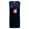 The Montgomery Bucks Griffins Tempo Vapodri Singlet by WRS Canterbury is a navy athletic tank top with a white Canterbury logo on the right chest and a red and white MBRFC lion crest on the left, made from recycled polyester for eco-friendly performance.