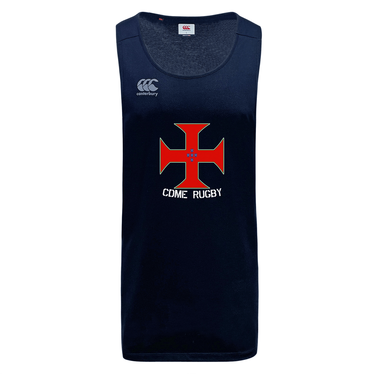 Introducing the SF CDME Rugby Tempo Vapodri Singlet by Canterbury, a navy blue tank top featuring a bold red cross emblem and "CDME RUGBY" text on the front. The iconic Canterbury logo sits on the upper right chest. Designed for comfort and durability in every match, this singlet by WRS Canterbury is crafted from recycled polyester using Vapodri technology.
