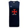 Introducing the SF CDME Rugby Tempo Vapodri Singlet by Canterbury, a navy blue tank top featuring a bold red cross emblem and "CDME RUGBY" text on the front. The iconic Canterbury logo sits on the upper right chest. Designed for comfort and durability in every match, this singlet by WRS Canterbury is crafted from recycled polyester using Vapodri technology.