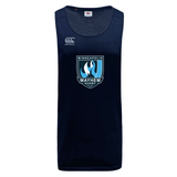 Introducing the Minneapolis Mayhem Rugby Tempo Vapodri Singlet by WRS Canterbury—a navy blue sleeveless athletic shirt featuring the “Minneapolis Mayhem Rugby” logo and WRS Canterbury branding on the upper left shoulder. Crafted from recycled polyester for eco-friendly performance, this singlet is ideal for any workout apparel collection.