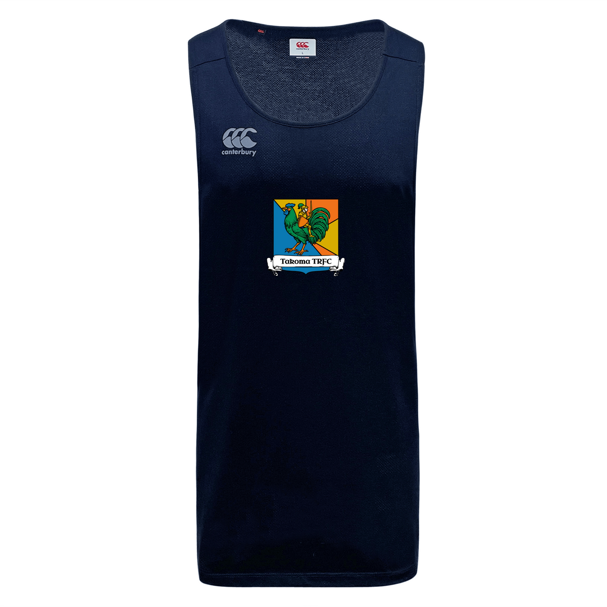 Navy blue Takoma Touch Rugby Tempo Vapodri Singlet featuring a rooster logo above a ribbon reading “Takoma TRFC”.