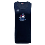 Navy blue SUNY Maritime Men’s Rugby Tempo Vapodri Singlet by Canterbury featuring a white anchor logo and “Maritime Rugby” text on the chest.
