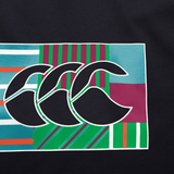Geometric design featuring overlapping black and white shapes against a multicolored striped and patterned background, inspired by the Canterbury CCC Uglies OH Hoodie - Jet Black from the Canterbury brand.