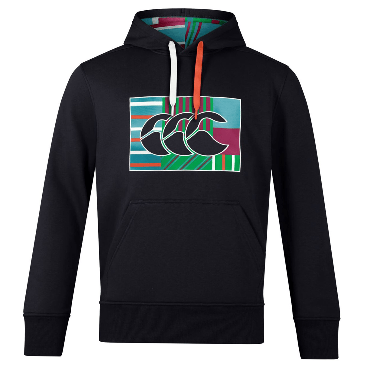 The Canterbury CCC Uglies OH Hoodie in Jet Black from Canterbury features a large kangaroo front pocket and a hood with one white and one red drawstring. The hoodie is adorned with a colorful graphic design on the chest, showcasing three stylized circular shapes.