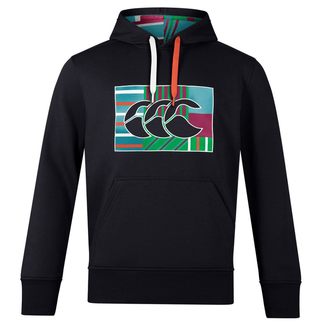 The Canterbury CCC Uglies OH Hoodie in Jet Black from Canterbury features a large kangaroo front pocket and a hood with one white and one red drawstring. The hoodie is adorned with a colorful graphic design on the chest, showcasing three stylized circular shapes.