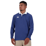 A man wearing a Canterbury Fundamentals Solid Long Sleeve Rugby Jersey with a white collar.