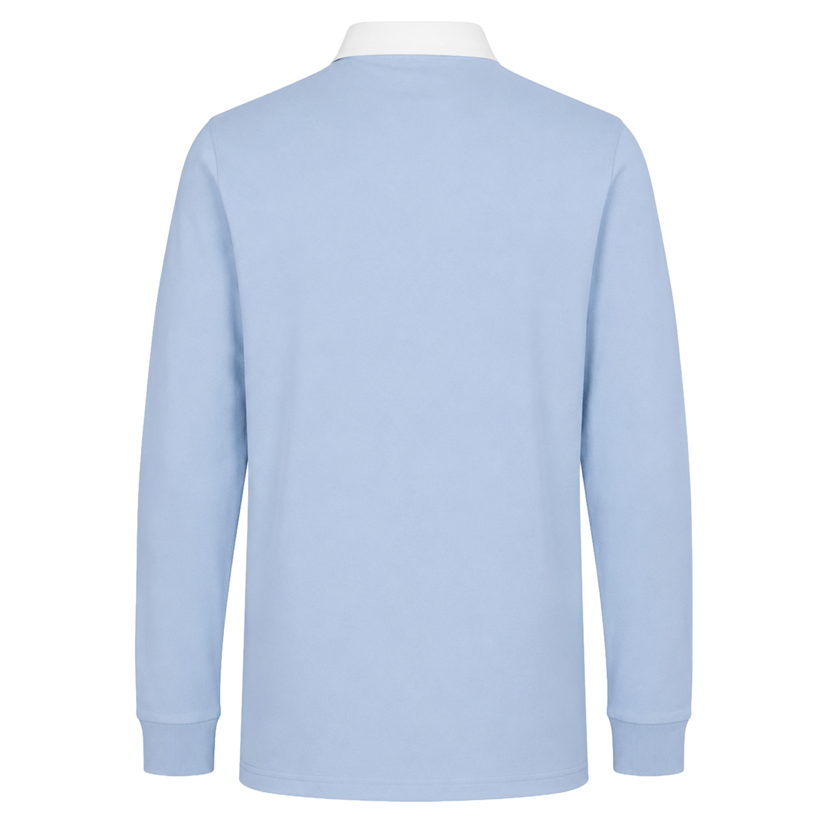 The Canterbury Solid Dye Rugby Jersey by Canterbury is a light blue, long-sleeve shirt with a white collar, displayed from the back on a plain white background.