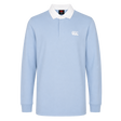 The Canterbury Solid Dye Rugby Jersey by Canterbury features a light blue color, long sleeves, white collar, and the classic logo on the left chest. Shown against a plain white background.