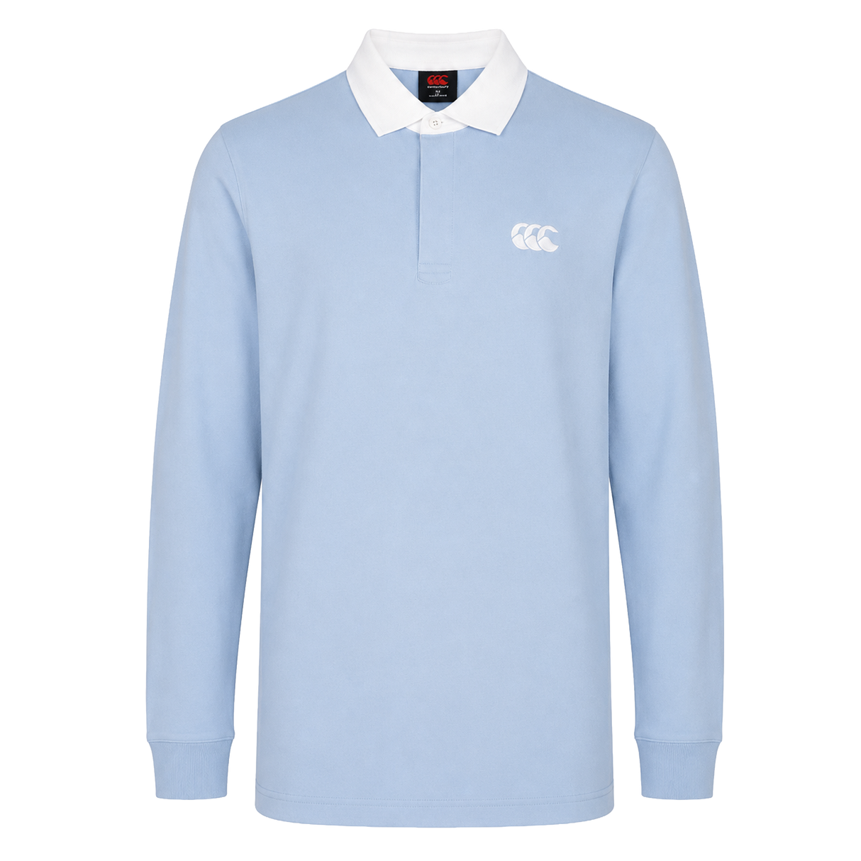 The Canterbury Solid Dye Rugby Jersey by Canterbury features a light blue color, long sleeves, white collar, and the classic logo on the left chest. Shown against a plain white background.