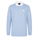 The Canterbury Solid Dye Rugby Jersey by Canterbury features a light blue color, long sleeves, white collar, and the classic logo on the left chest. Shown against a plain white background.