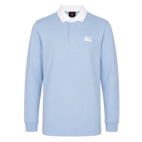 The Canterbury Solid Dye Rugby Jersey by Canterbury features a light blue color, long sleeves, white collar, and the classic logo on the left chest. Shown against a plain white background.