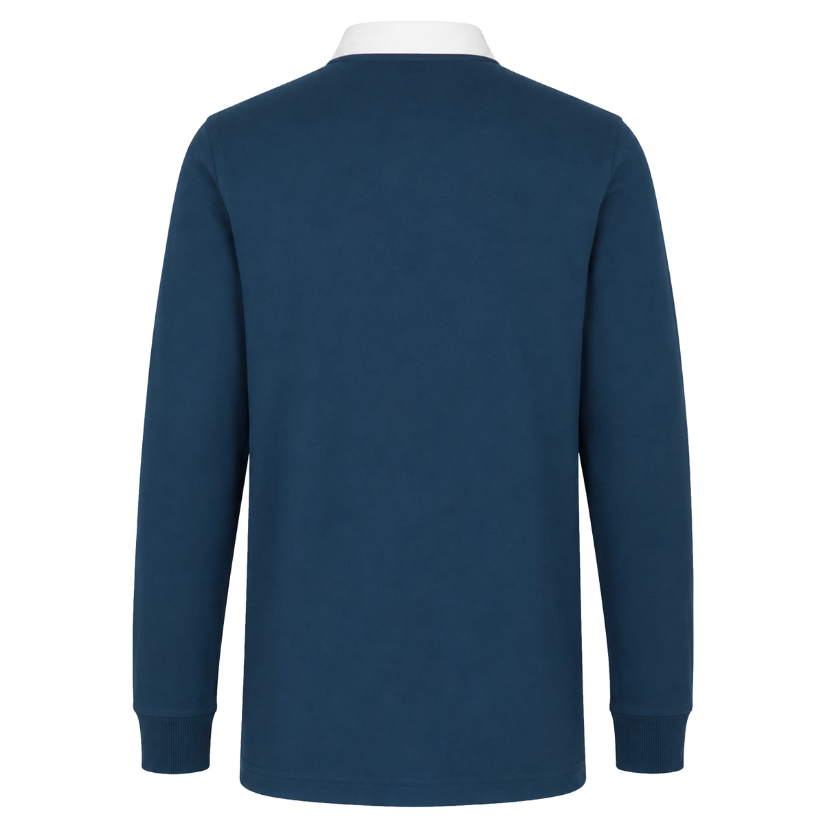 Back view of the Canterbury Solid Dye Rugby Jersey by Canterbury in navy blue with a white collar and ribbed cuffs, shown on a plain white background.