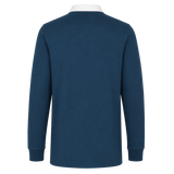 Back view of the Canterbury Solid Dye Rugby Jersey by Canterbury in navy blue with a white collar and ribbed cuffs, shown on a plain white background.