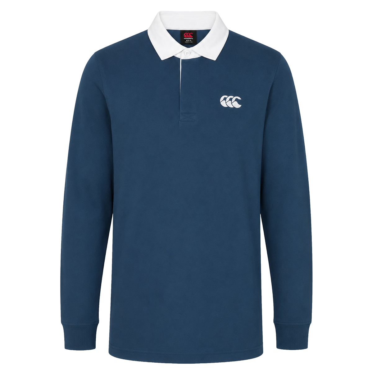 The Canterbury Solid Dye Rugby Jersey features long sleeves, a navy color, a white collar, and the Canterbury logo on the left chest, shown against a plain white background.