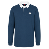 The Canterbury Solid Dye Rugby Jersey features long sleeves, a navy color, a white collar, and the Canterbury logo on the left chest, shown against a plain white background.