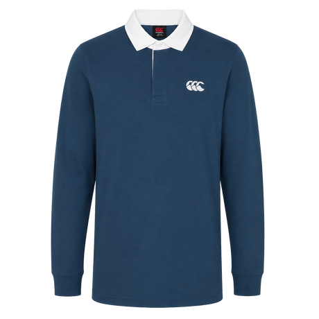 The Canterbury Solid Dye Rugby Jersey features long sleeves, a navy color, a white collar, and the Canterbury logo on the left chest, shown against a plain white background.
