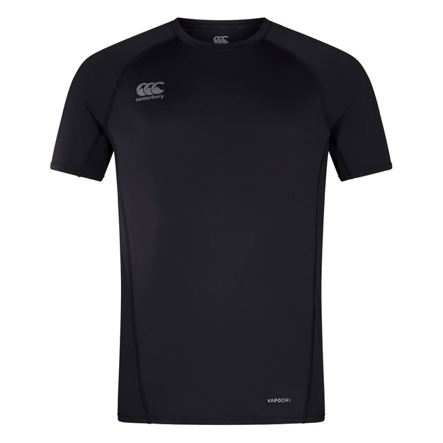 Black Canterbury Small Logo Superlight Tee with a short-sleeved design, a logo on the chest, and “VAPODRI” printed on the bottom hem.
