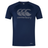 The Canterbury Large Logo Superlight Tee AM is a navy blue short-sleeve training shirt with a gray Canterbury logo and text on the chest, designed for lightweight comfort during workouts.