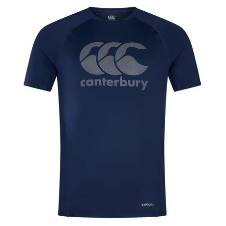 The Canterbury Large Logo Superlight Tee features a navy blue, short-sleeve design with a bold gray Canterbury logo and "canterbury" text—ideal as a lightweight performance shirt for rugby training.