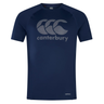 The Canterbury Large Logo Superlight Tee AM is a navy blue short-sleeve training shirt with a gray Canterbury logo and text on the chest, designed for lightweight comfort during workouts.