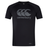 The Canterbury Large Logo Superlight Tee AM is a black short-sleeve athletic shirt featuring the Canterbury name and logo in grey on the chest; lightweight and ideal for both intense workouts and casual wear.