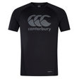 The Canterbury Large Logo Superlight Tee AM is a black short-sleeve athletic shirt featuring the Canterbury name and logo in grey on the chest; lightweight and ideal for both intense workouts and casual wear.