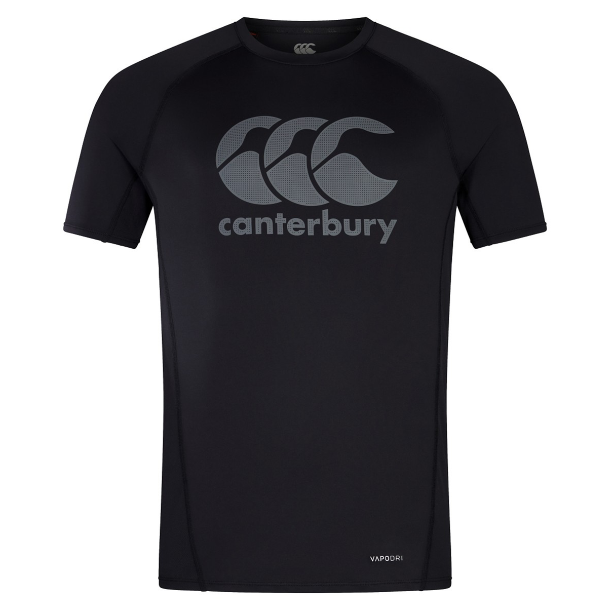 The Canterbury Large Logo Superlight Tee AM is a black short-sleeve athletic shirt featuring the Canterbury name and logo in grey on the chest; lightweight and ideal for both intense workouts and casual wear.