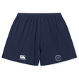Introducing the Georgetown University RFC Women's Yokohama Shorts by EMB Canterbury in navy blue, crafted from Vapodri Fabric for enhanced breathability. These shorts showcase a white Canterbury logo on the left and a circular emblem on the right.