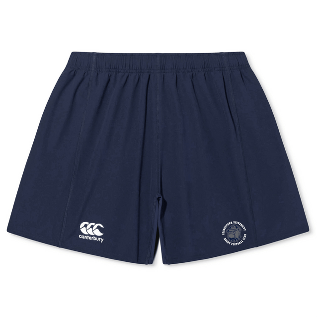 Introducing the Georgetown University RFC Women's Yokohama Shorts by EMB Canterbury in navy blue, crafted from Vapodri Fabric for enhanced breathability. These shorts showcase a white Canterbury logo on the left and a circular emblem on the right.