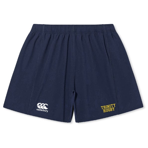 The Trinity College Yokohama Short by Canterbury in navy blue showcases "Trinity Rugby" in yellow on the right leg and the EMB Canterbury logo on the left leg.