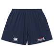 The USA Para Powerlifting Yokohama Short by Canterbury features an elastic waistband, Canterbury logo on the left leg, and "USA Para Powerlifting" on the right. These navy blue EMB Canterbury shorts offer lightweight durability for any athletic activity.