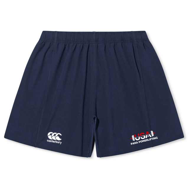 The USA Para Powerlifting Yokohama Short by Canterbury features an elastic waistband, Canterbury logo on the left leg, and "USA Para Powerlifting" on the right. These navy blue EMB Canterbury shorts offer lightweight durability for any athletic activity.