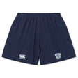 The Milwaukee Barbarians Rugby Yokohama Short by EMB Canterbury is navy blue with an elastic waistband, featuring the Canterbury logo on the left leg and a Milwaukee Barbarians crest on the right.