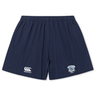 The Milwaukee Barbarians Rugby Yokohama Short by EMB Canterbury is navy blue with an elastic waistband, featuring the Canterbury logo on the left leg and a Milwaukee Barbarians crest on the right.